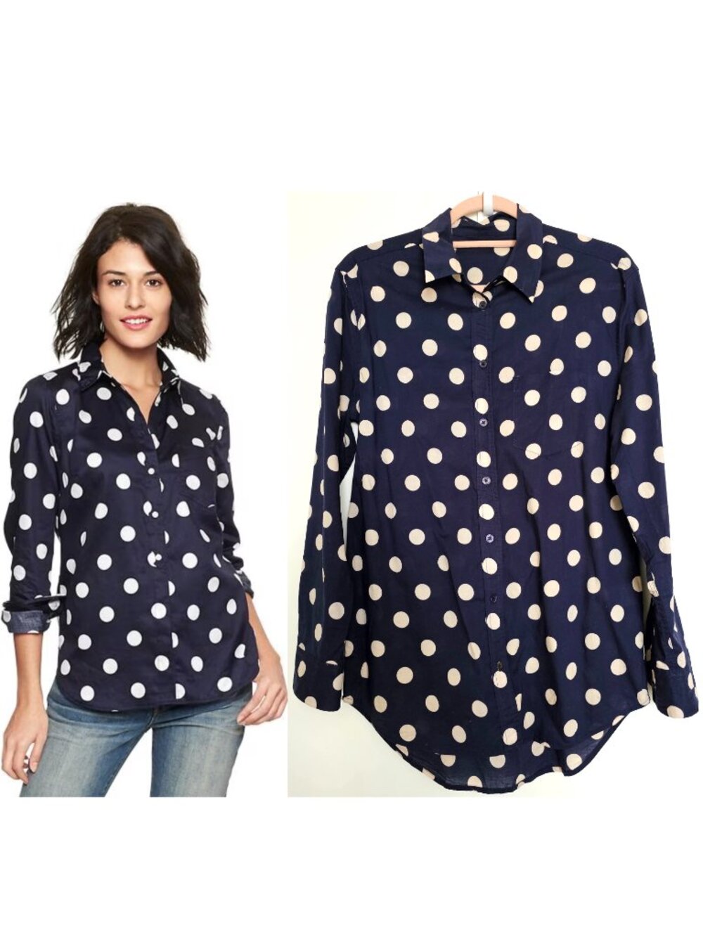Gap Classic Polka Dot 100% Cotton High-Low Button Up Shirt Blouse Top M Navy